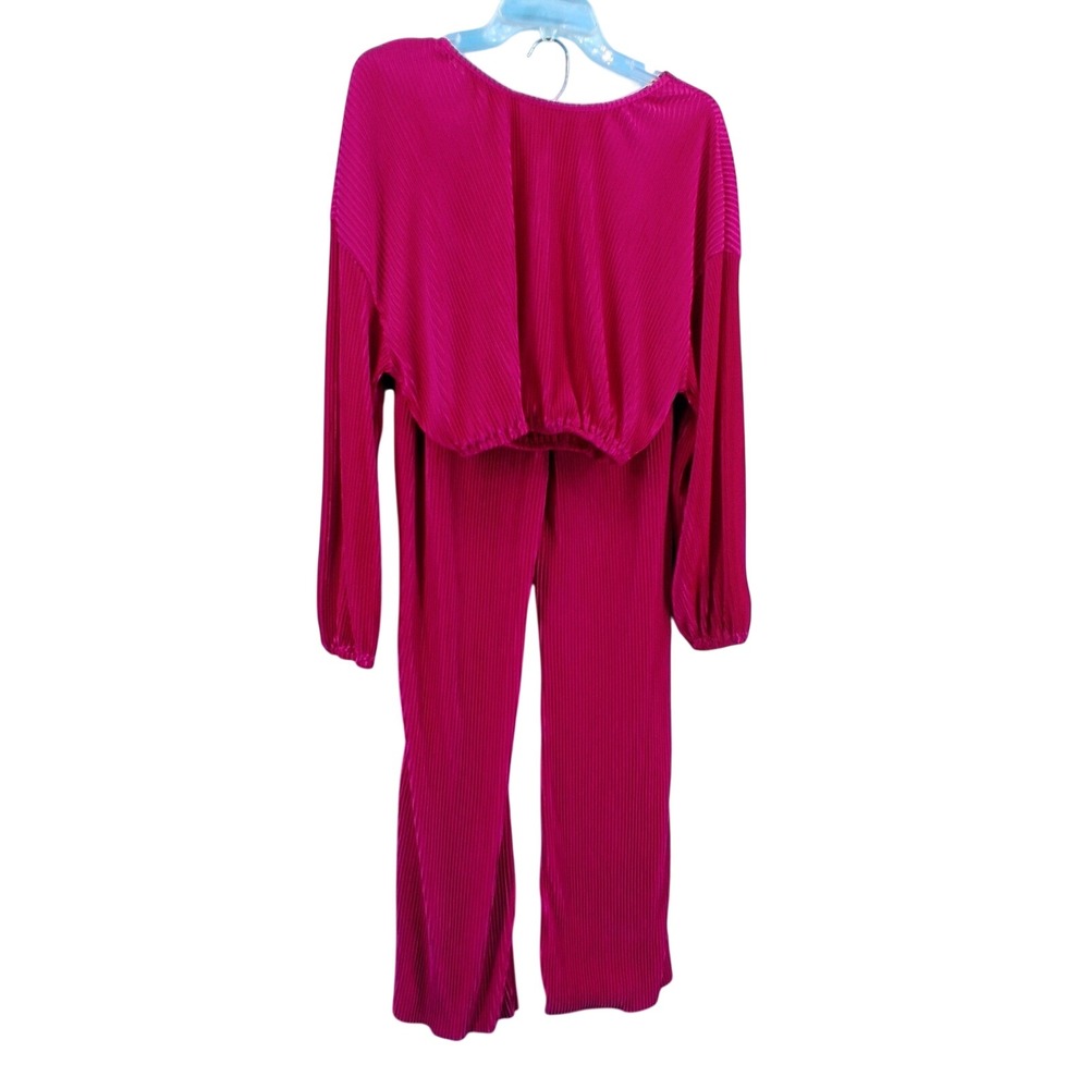 SHEIN Pant Set Womens 6 Magenta Pink Plisse Pleated Crop Top Wide Leg 2‎ Piece